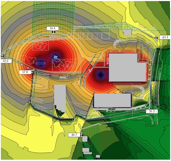 Exemple de modélisation de niveau sonore dans l'environnement d'un site industriel en projet